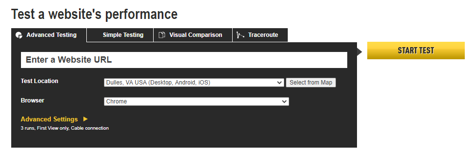 Search bar prompting the user to enter a website URL to begin the speed test.