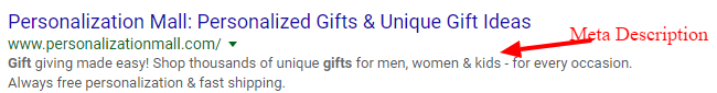 The meta description appears under the title tag and URL of a listing on the search engine results page.