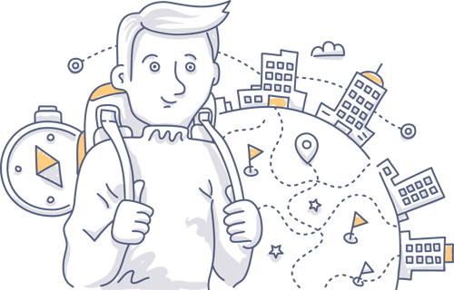 World Traveler_Man with Backpack_Compass_Buildings_Map_Route_Buildings